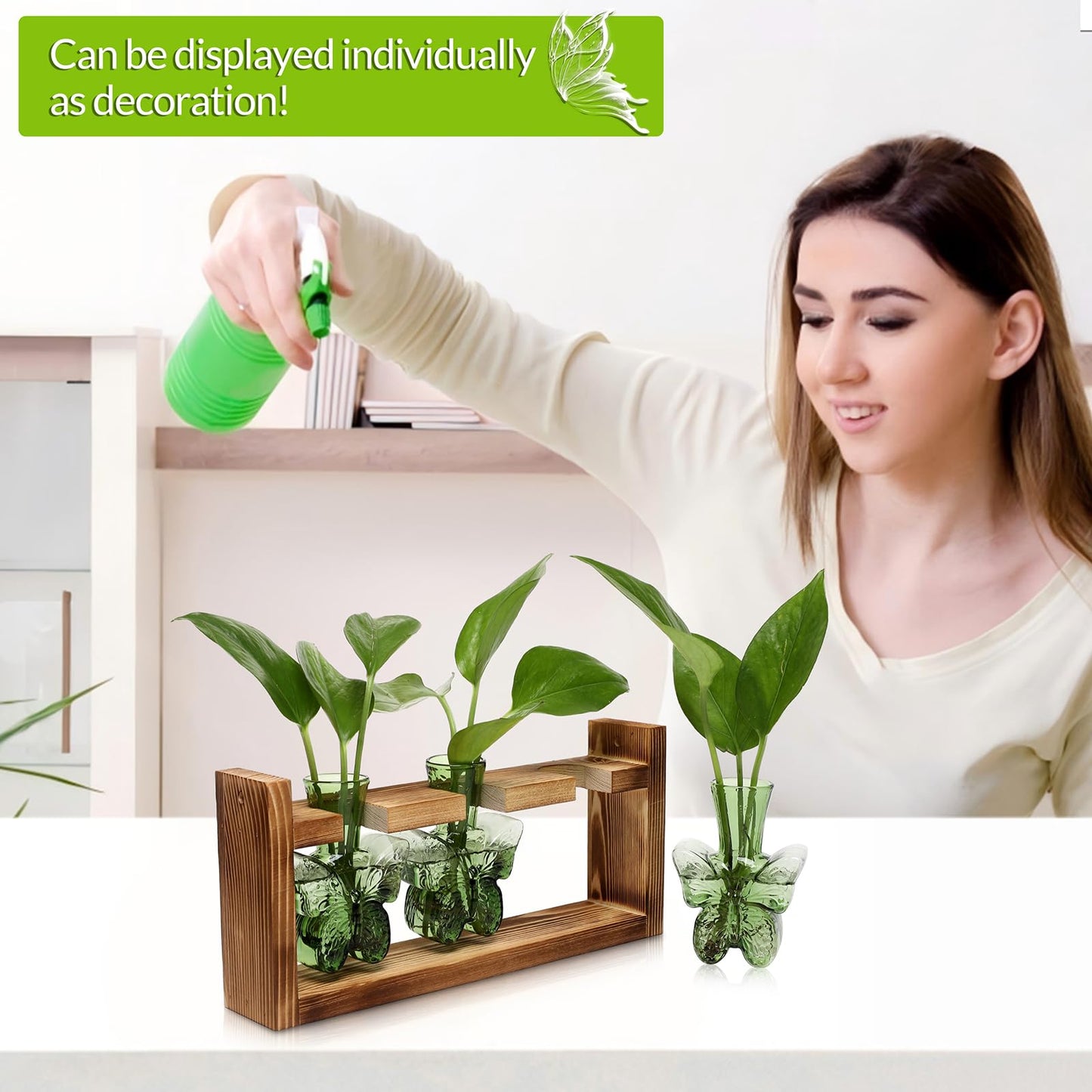 Glass Plant Propagation Station Butterfly Planter Vase with Wooden Stand Birthday Gifts for Women Mom Plant Lovers Office Home Decoration