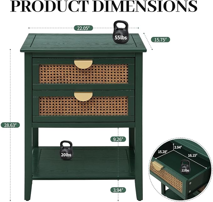 22" Green Coffee Side Tables, Boho Accent Storage Cabinets