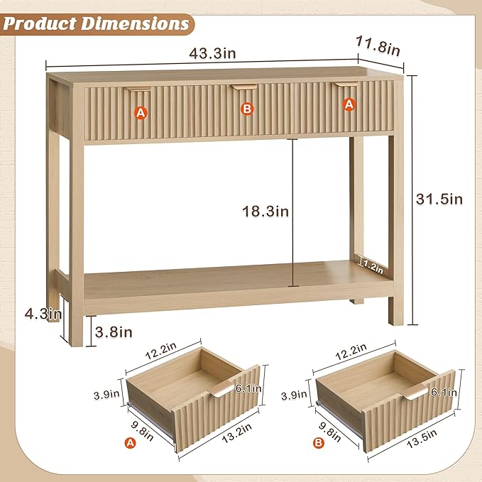 Nasonet Fluted Console Table, Wooden Sofa Table