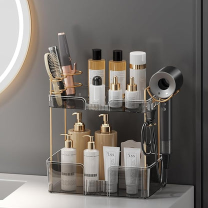 shuang qing 2 Tier Bathroom Counter Organizer with Hair Dryer Holder, Hair Tool Countertop Storage, Cosmetics Skincare Shelf, Makeup Organizer Perfume for Dresser Vanity Tray - Grey