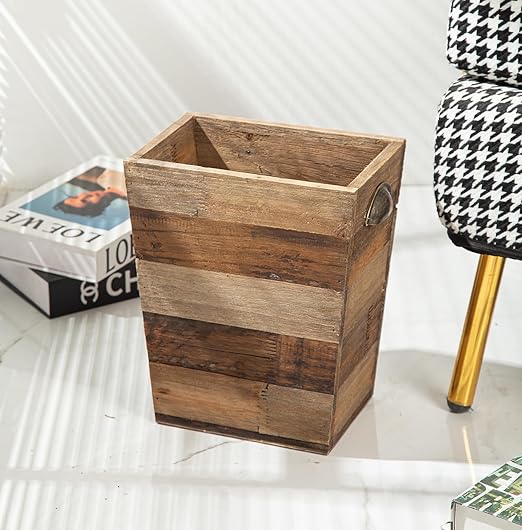 Small Wood Trash Can, Farmhouse Rectangular Garbage Can Waste Basket, Rustic