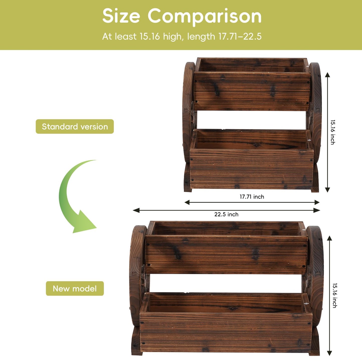 PUPATIOB Wooden Planter Box, 2-Tier Wagon Wheel Garden Planter with Wheels, Rustic Farmhouse Flower Cart Outdoor Decorative Vertical Raised Bed for Patio, Porch, Herbs & Succulents, Carbonized, Large