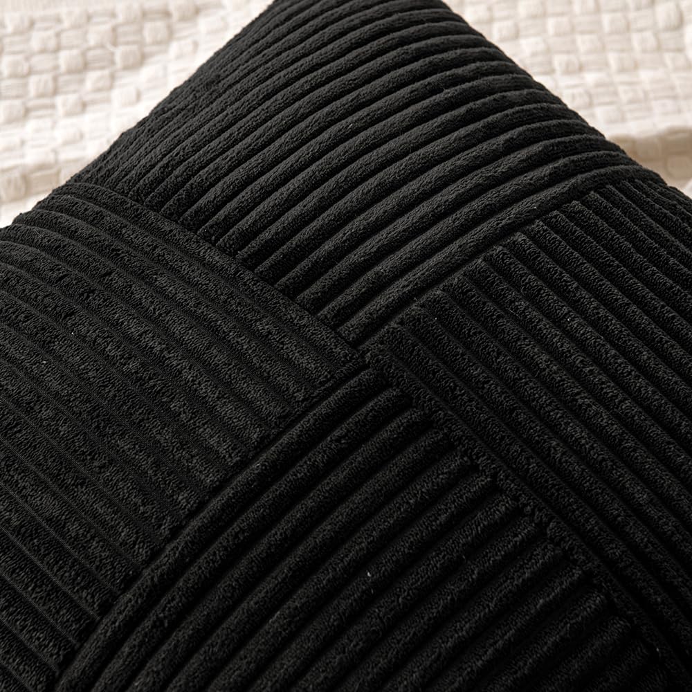 MIULEE Black Corduroy Pillow Covers Pack of 2 Boho Decorative Spliced Throw Pillow Covers Soft Solid Couch Pillowcases Cross Patchwork Textured Cushion Covers for Living Room Bed Sofa 18x18 inch