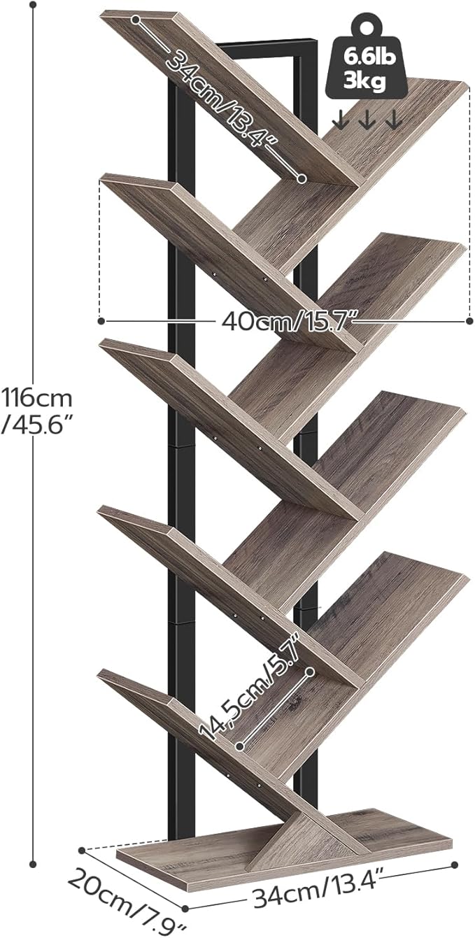 HOOBRO Tree Bookshelf, 9-Tier Bookcase Wooden Shelves, Floor Standing Storage
