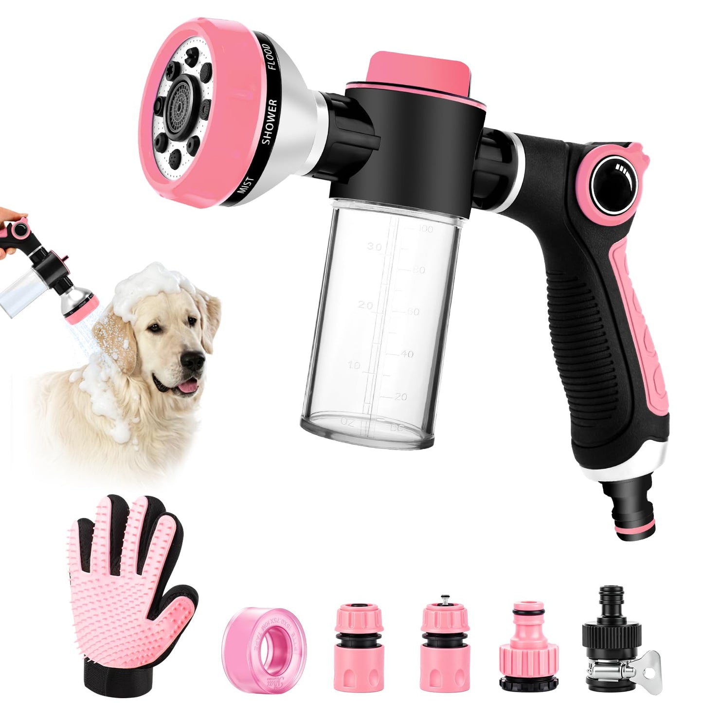 Premium Dog Washing Hose Attachment, Dog Shower Attachment with Pet Grooming Glove, 8-in-1 Sprayer Garden Hose Nozzle with Soap Dispenser Bottle for Garden, Pet Shower and Car Wash