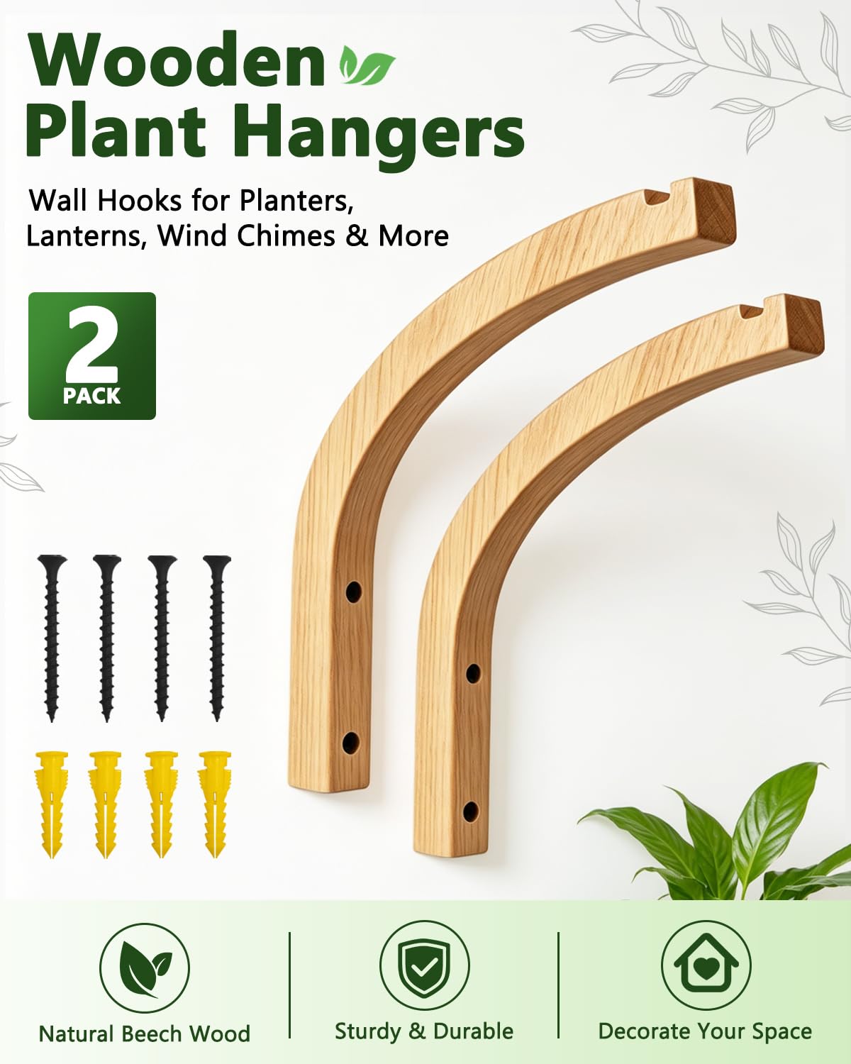 DSJIFGEW Wooden Plant Hangers - Hanging Plant Hooks for Indoor Outdoor, Wood Hanging Wall Plant Hooks Heavy Duty for Flower Pots Wind Chimes and Bird Feeders(2-Pack,8-Inch)