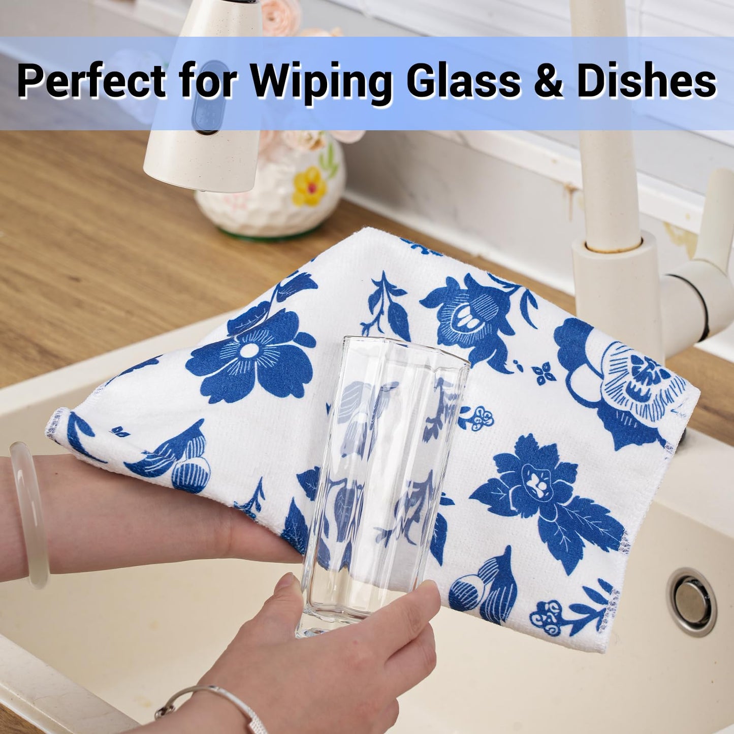 YUA Microfiber Cleaning Cloth 12 Pack,Microfiber Towels Cleaning,Microfiber Towels for Cars,Absorbent Dish Washing Cloth,Reusable Cleaning Cloths Lint Free (Blue Floral Deer)