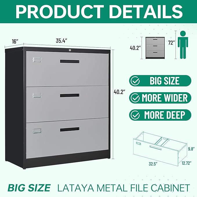 Letaya File Cabinet with Lock-Lateral 3 Drawer Metal Filing