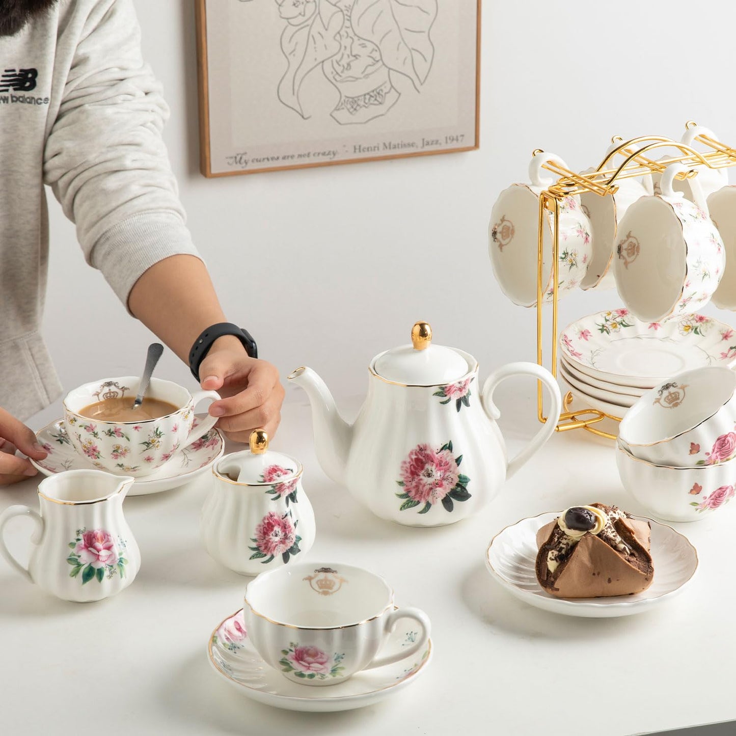 Sweejar Porcelain Tea Sets British Royal Series, 8 OZ Cups & Saucer Service for 6, with Teapot Sugar Bowl Cream Pitcher Teaspoons and Tea Strainer, Suitable for High Tea, Wedding, Party