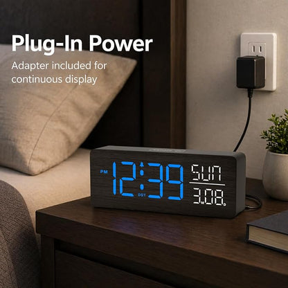 Peakeep Wooden Digital Alarm Clock Large Display, Textured Decoration for Bedroom, Living Room, Plug in Clock with Time Date Day, 5 Brightness, Auto DST