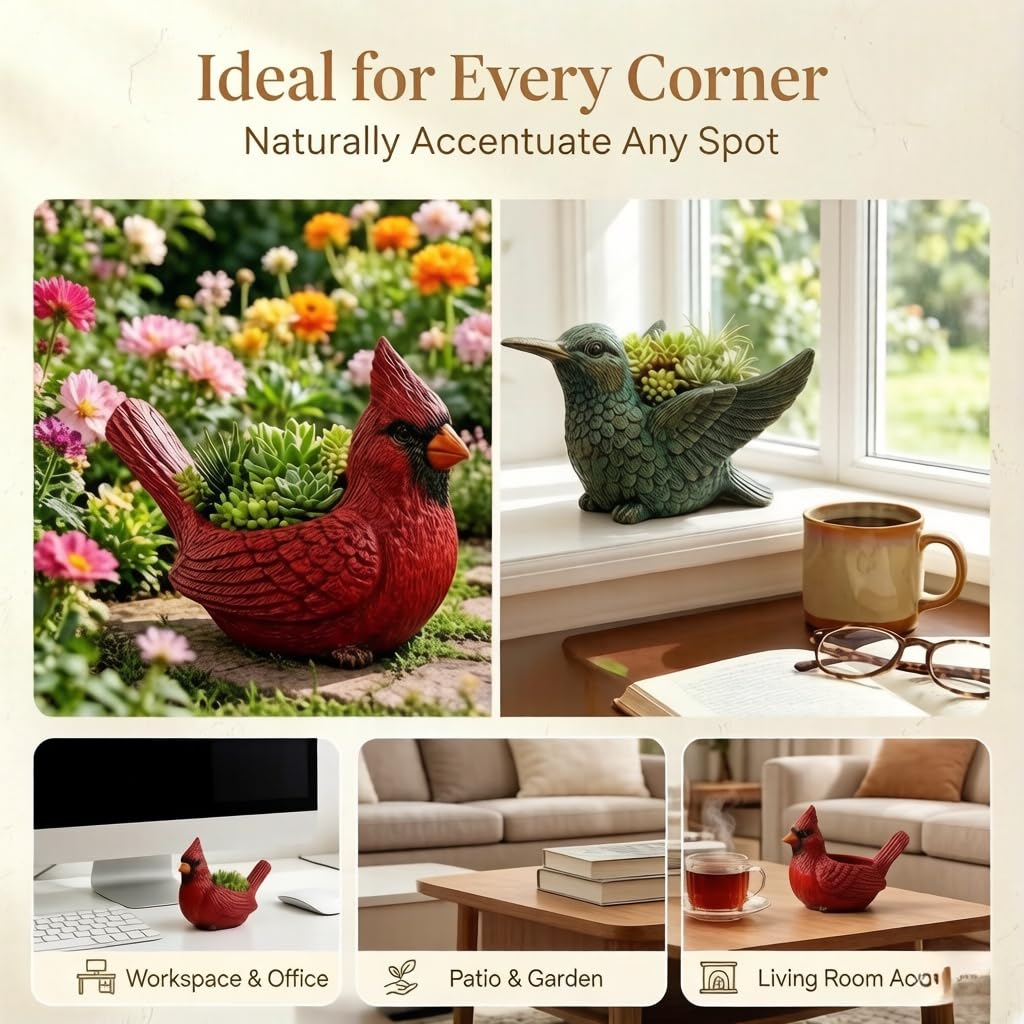 BoniIllusion 2026 Cardinal Bird Succulent Planter, Red Resin Hummingbird Succulent Pot with Drainage Hole, Nature-Inspired Decorative Flower Pot for Indoor Outdoor Garden Desk Decor (Hummingbird)