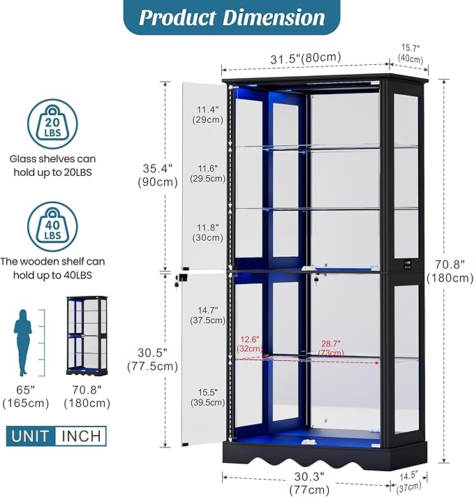 Dystler Display Cabinet with Glass Doors, LED Display Case with Removable Shelf