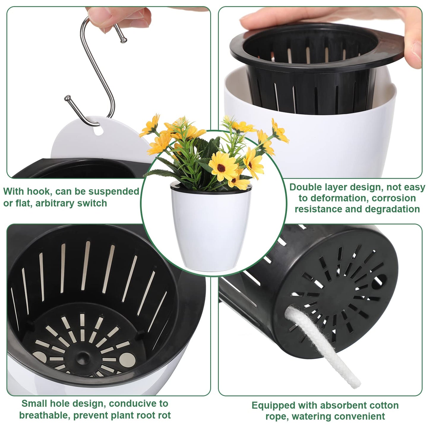 Amyhill 16 Pcs 5'' and 4.33'' Self Watering Hanging Planter for Indoor Plants Wall Planter with Hook and Absorbent Cotton Rope Wall Plant Holder Wall Mounted Planters White Flower Pots for Garden