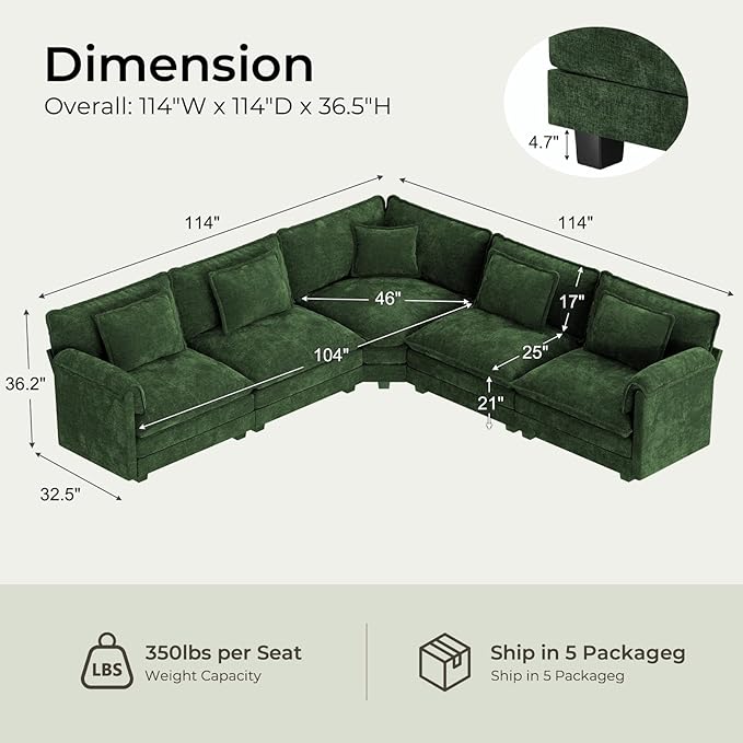 ELUCHANG 114" Oversized V-Shaped Cloud Couch Modular Sectional Sofa