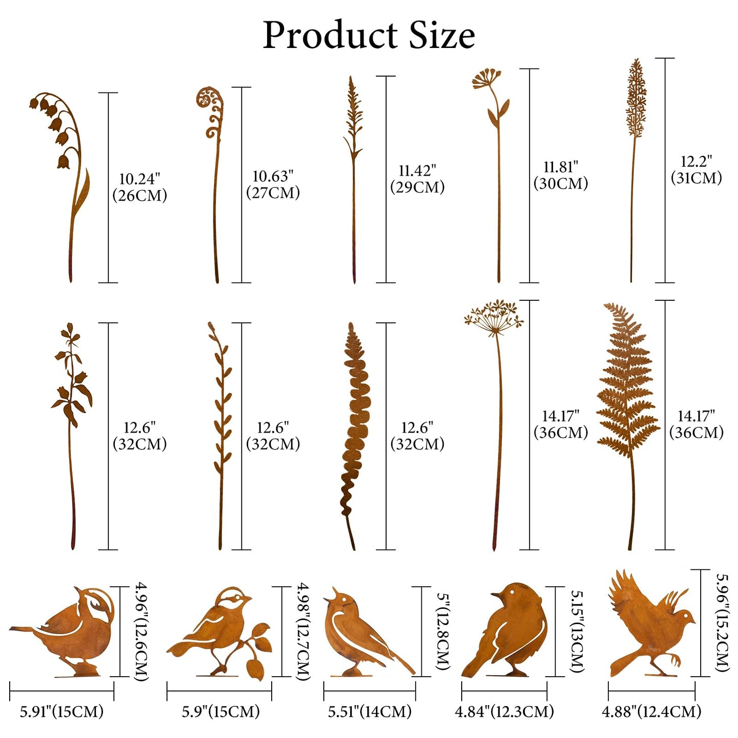 15 Pack Rusty Metal Garden Stakes, Included 10 Metal Fern Plants&5 Bird Silhouettes Outdoor Decorative Plant Stakes Metal Flowers Rustic Yard Art Fence Decor for Outside Potted Plants Lawn Courtyard