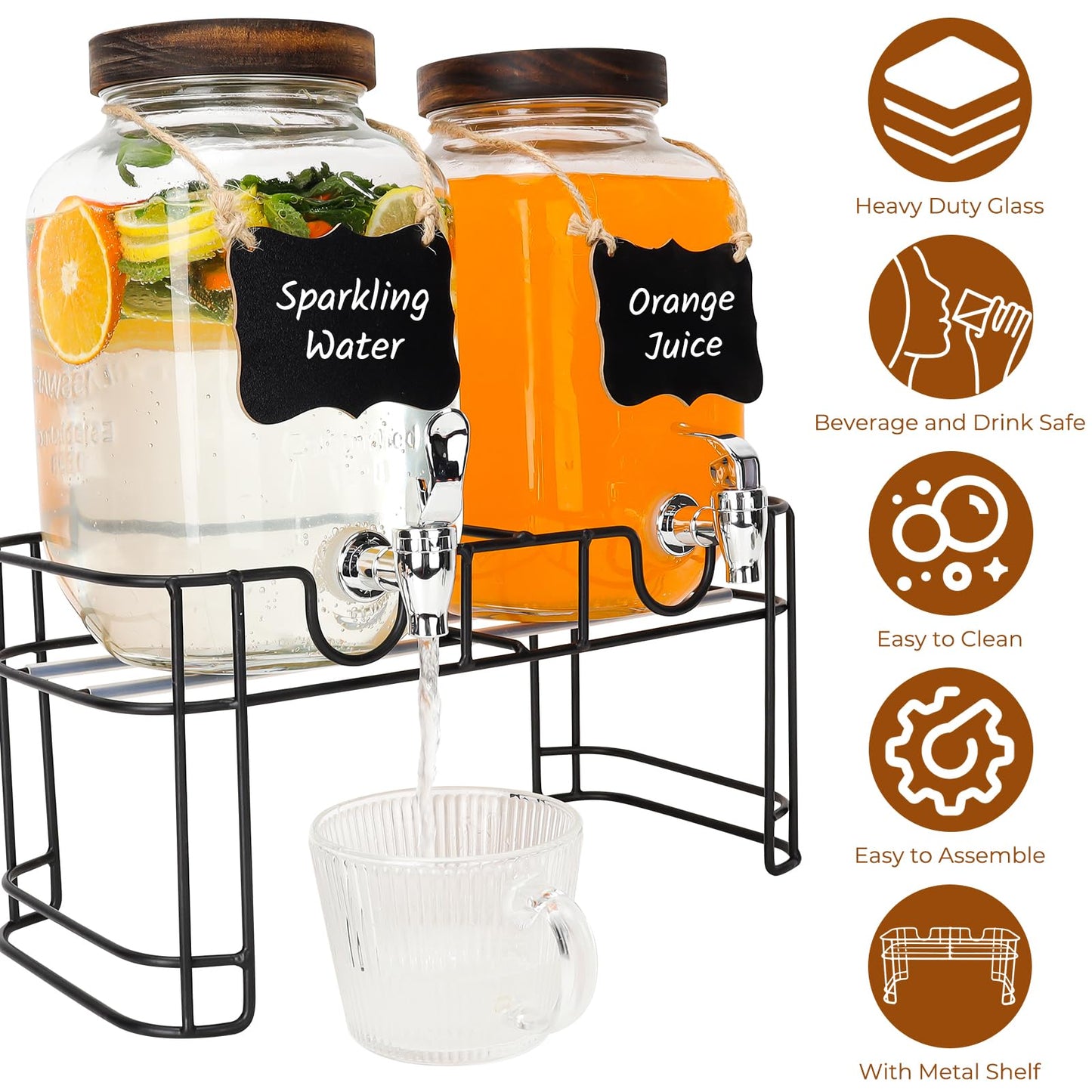 Waymind 1 Gallon Glass Drink Dispensers with Wood Lid, 2 Pack Clear Beverage Dispenser with Stand and Spigot for Parties, Lemonade Dispenser with Markers and Chalkboard for BBQ, Picnic