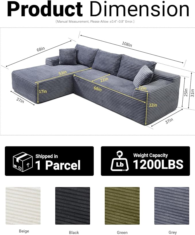 108 Inch Cloud Sectional Couch, Modern Modular Sectional Sofa