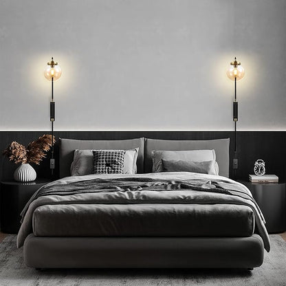 ELEHINSER Black Wall Sconces Set of 2 with Globe Shade, Modern Indoor Plug in Wall Lamps with Switch, Angle Adjustable Light for Bedroom Living Room Study Hallway Bedside