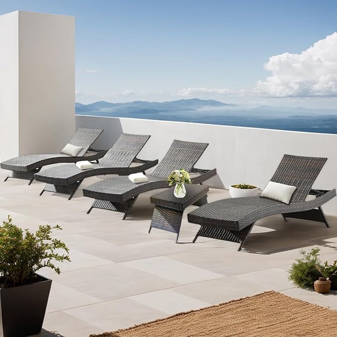 PE Rattan Adjustable Backrest Chaise Lounge Set 4