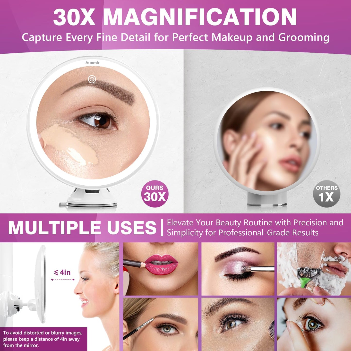 Auxmir 2025 Upgraded 30X Magnifying Mirror with Light, Makeup Mirror with 2-Level Lights, Vanity Mirror with Power Suction Cup and Tweezers, 360° Swivel, Portable Bathroom Mirror for Home Travel