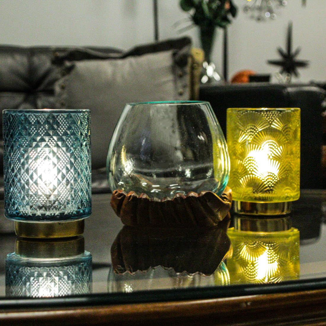 Blown Molten Glass and Carved Wood Hands Decorative Bowls, Vases, and Terrariums, 6 Inches High