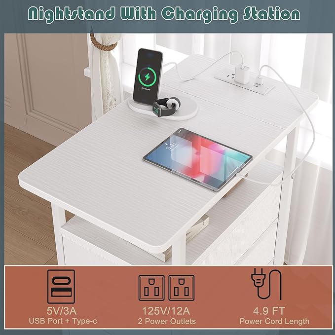 sthmec End Table with Charging Station, LED Side Tables with USB Ports and