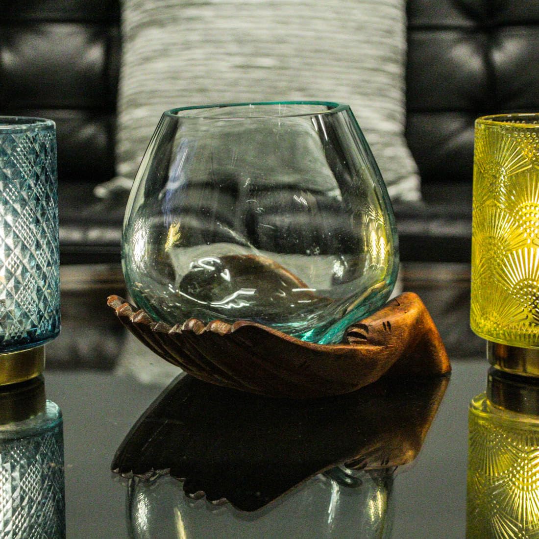 Blown Molten Glass and Carved Wood Hands Decorative Bowls, Vases, and Terrariums, 6 Inches High