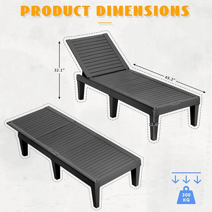 Outdoor Chaise Lounge Chairs Set of 4, 5-Position Adjustable Heavy Duty Tanning