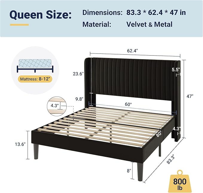 Allewie Queen Size Velvet Bed Frame/Vertical Channel Tufted Wingback