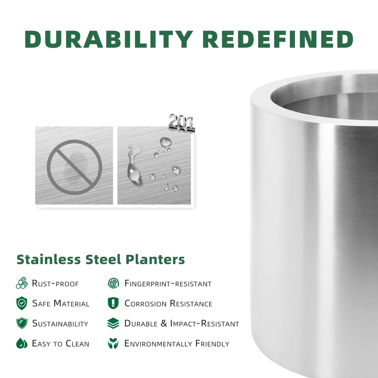 Longrun 11.8 Inch Dia Round Planter, Modern Indoor Outdoor Large Stainless Steel Plant Pot and Plant Caddy with Wheels for Home Patio Garden, Easy to Clean and Move