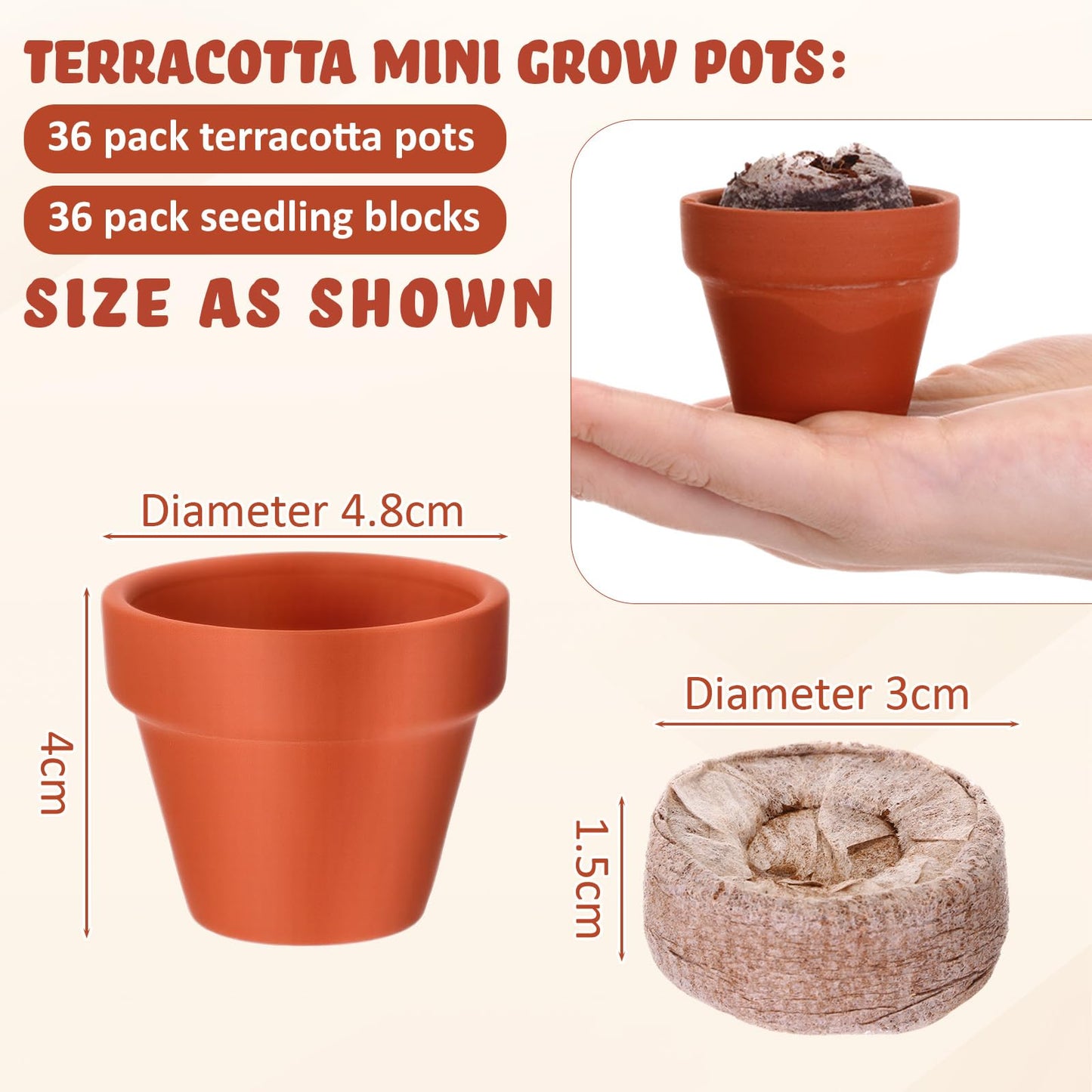 Hushee 72 Pack Small Terracotta Grow Pots with Seedling Blocks Starter Kit for Planting Enthusiasts Indoor Outdoor Plants DIY Garden Plants Gardening Gifts (1.57 x 1.89 Inch)