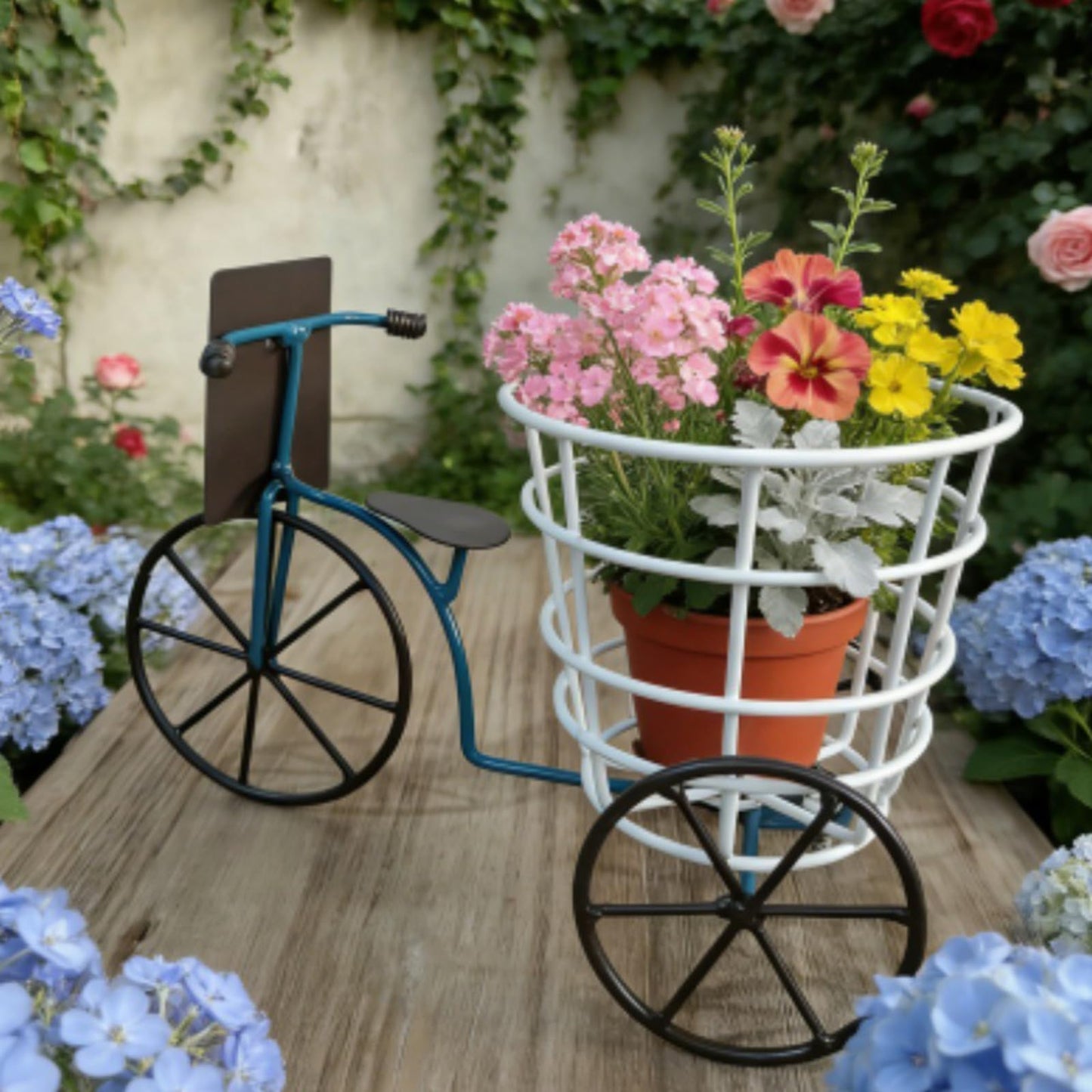 JAMIEKA Beautiful Iron Tricycle Flower Pot Holder Container with Deep Basket for Living Room Indoor Outdoor Garden Decoration