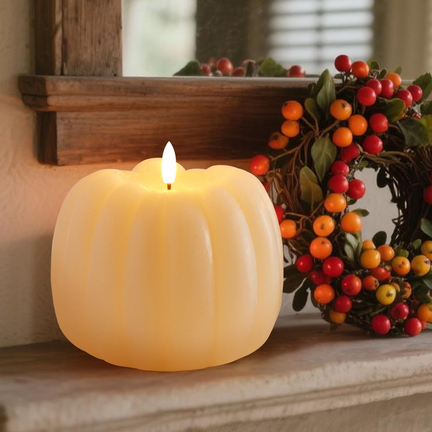 Velsyn Fall Decorations for Home, Flickering Flameless Wax Pumpkin LED Candle with Timer Remote Control, Thanksgiving Gifts, Autumn Farmhouse Rustic Harvest Decor for Tiered Tray Table Indoor (White)