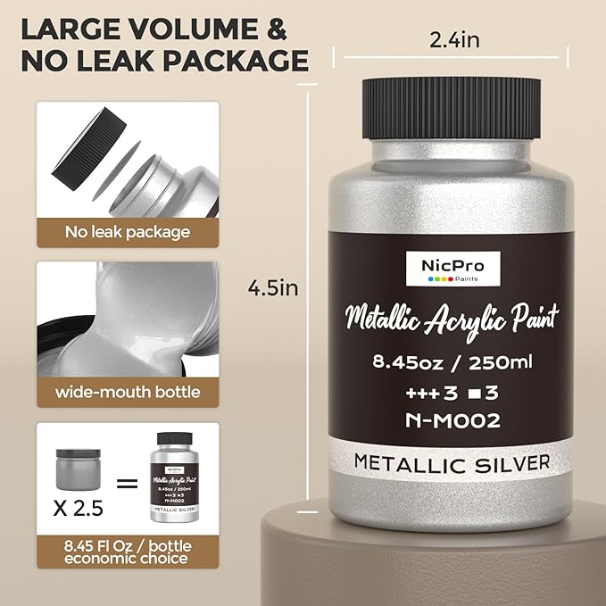 Nicpro Metallic Silver Acrylic Paint, 8.45oz/250ml Silver Leaf Paint, Non Toxic