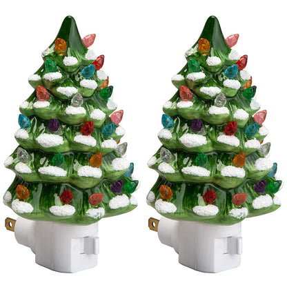 Fox Valley Traders Green Snow-Capped Ceramic Tree Night Light, Set of 2