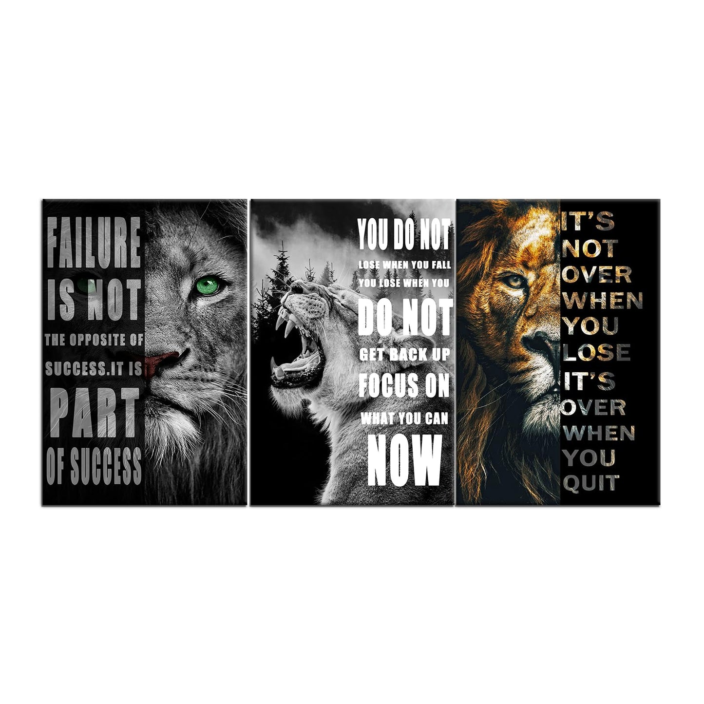 3 Panels Motivational Lion Canvas Print Wall Art Inspirational Quote Picture Animal Poster Painting Modern Inspiring Artwork Decor for Living Room Office Home Decor Wooden Framed [72''Wx 36''H]