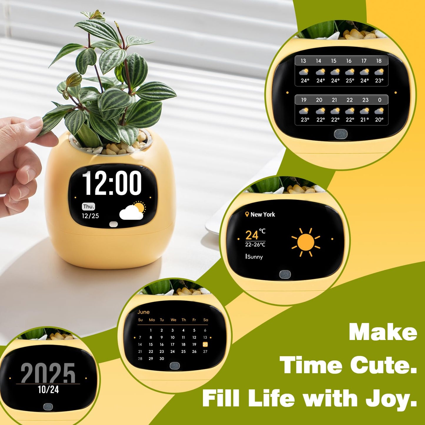 Smart Plant Pot with Visual Display – Soil Moisture, Water Level, Light & Battery Monitor, 80ml Self-Watering Reservoir, Supports 100+ Plants, Pomodoro Timer, Clock & Calendar-Pink-Yellow