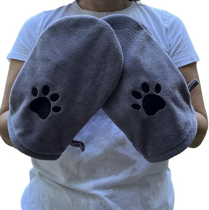 Penny & Niko Microfiber Pet Towel Mitts - Paw Cleaning and Drying Mitts/Gloves for Dogs and Cats (Gray, Large - 2 Pack)