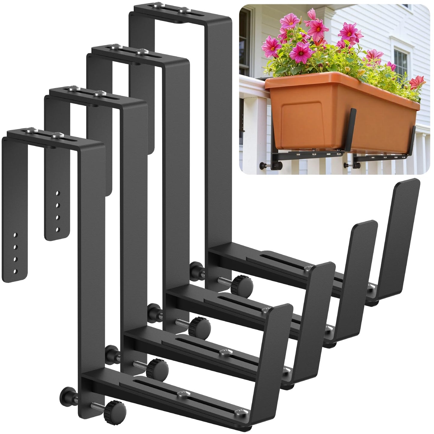 VOXOR Window Box Brackets, Adjustable Planter Box Brackets, Heavy Duty Iron Flower Box Brackets for Railings, with Enhanced Bottom Support - Perfect for Balconies, Fences, and Gardens (Black, 4 Pack)