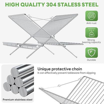 Stainless Steel Foldable Dish Drying Rack, 3 Tier Large Capacity Collapsible Folding Dish Drainer with Drainboard for Kitchen Counter (Upgraded)