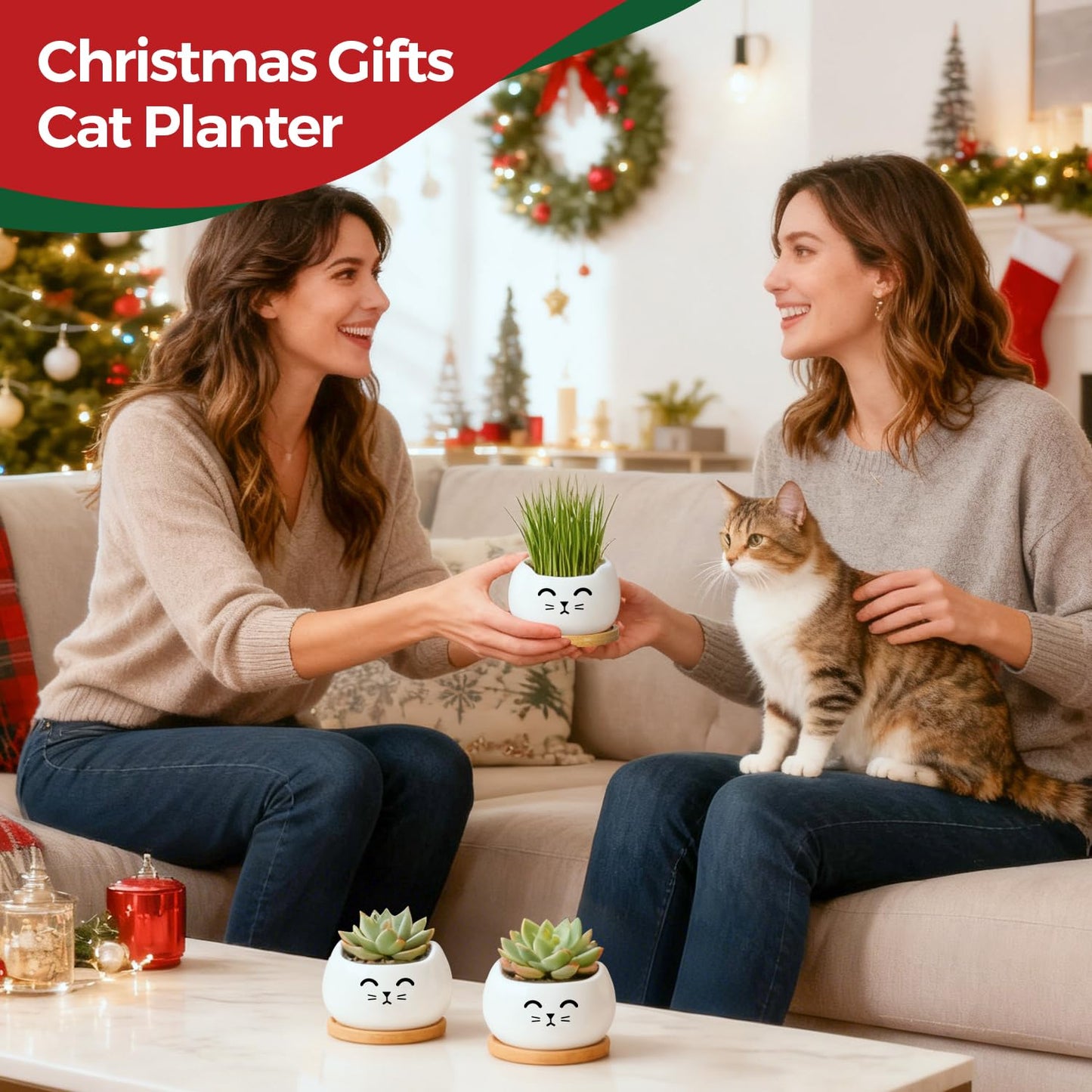T4U Cat Planter 3.8 Inch, 3 Pcs Cute Cat Small Plant Pots for Indoor Plants, Mini Cat Succulent Pots for Plants, Ceramic Succulent Planters with Drainage, Tiny Flower Pots
