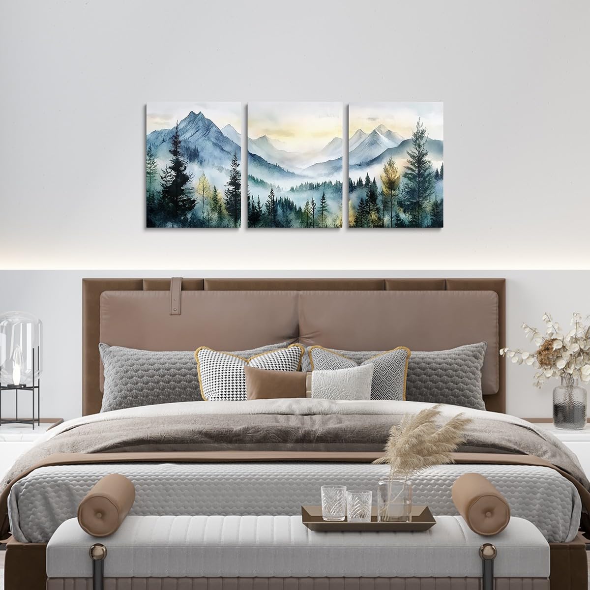 jejeloiu Smoky Mountain Canvas Wall Art for Living Room Bedroom 12"x16"x3pcs Sunrise Trees Picture Wall Decor for Bathroom Natural Scenery Art Office Decorations Artwork Posters Foggy Scenic Painting