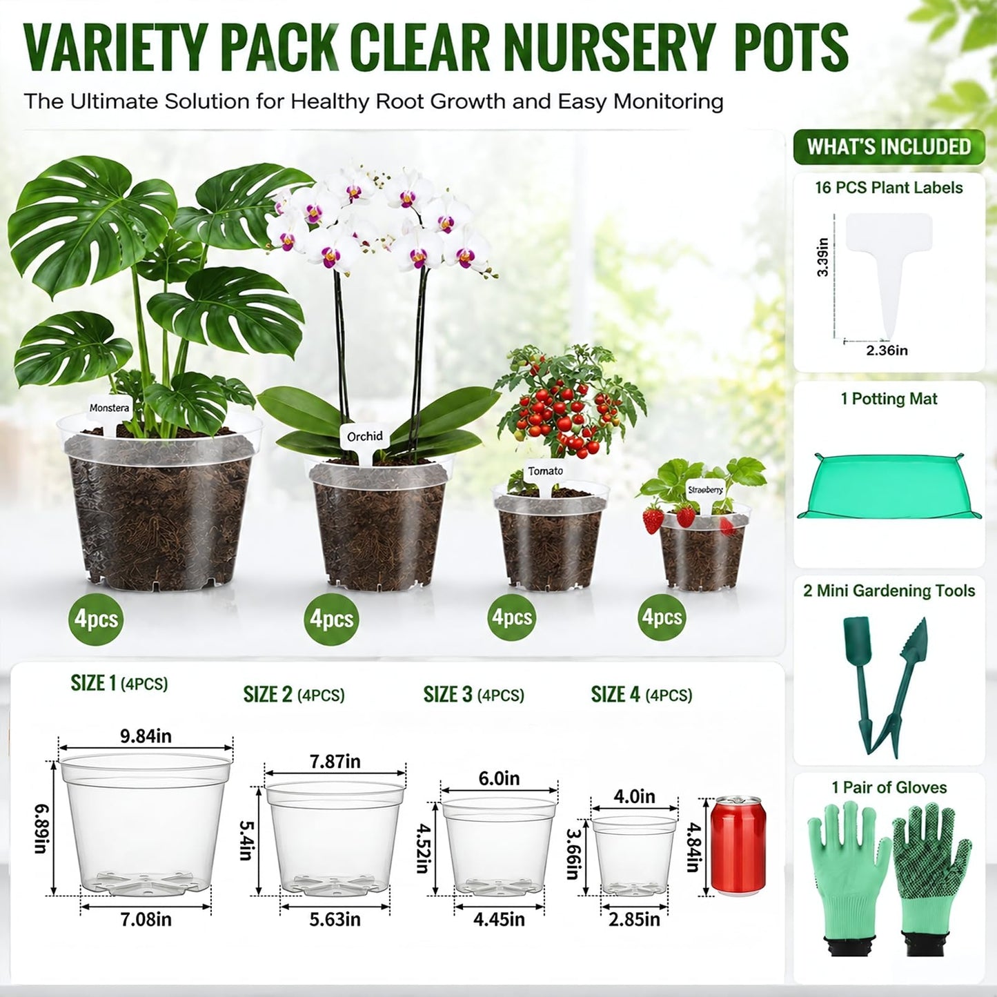 QTQIHANG 4/6/8/10 Inch Sizes Large Clear Nursery Pots with Drainage -16 Pack Plastic Plant Pots with Garden Tools & Labels, Seedling Pots for Transplanting Succulents Flowers Herb Vegetables
