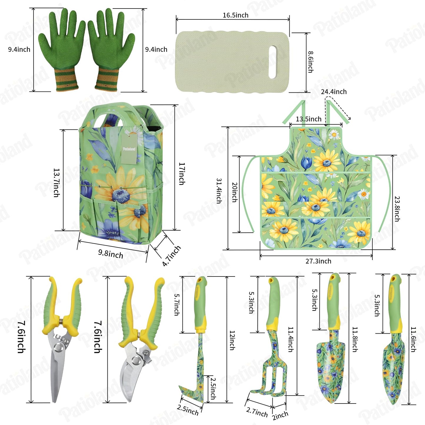 Patioland 10-Piece Garden Tool Set – Green Floral Print Gardening Hand Tools with Non-Slip Handles, Heavy Duty Rust-Proof Aluminum Tools, Organizer Tote Bag, Ideal Gardening Gifts for Women & Grandma