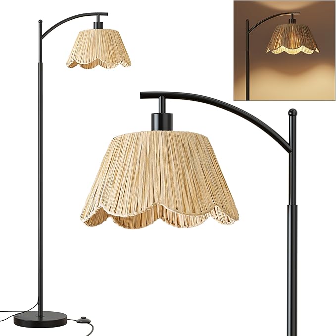 Oneach Boho Rattan Floor Lamp for Living Room, Farmhouse Standing Lamp