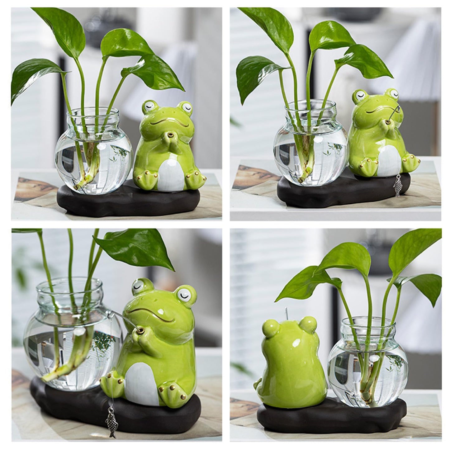 Glass Planter with Ceramic Stand, Cute Frog Fishing Propagation Vase for Plants, Hydroponic Planter for Indoor Home Office Desk Decor