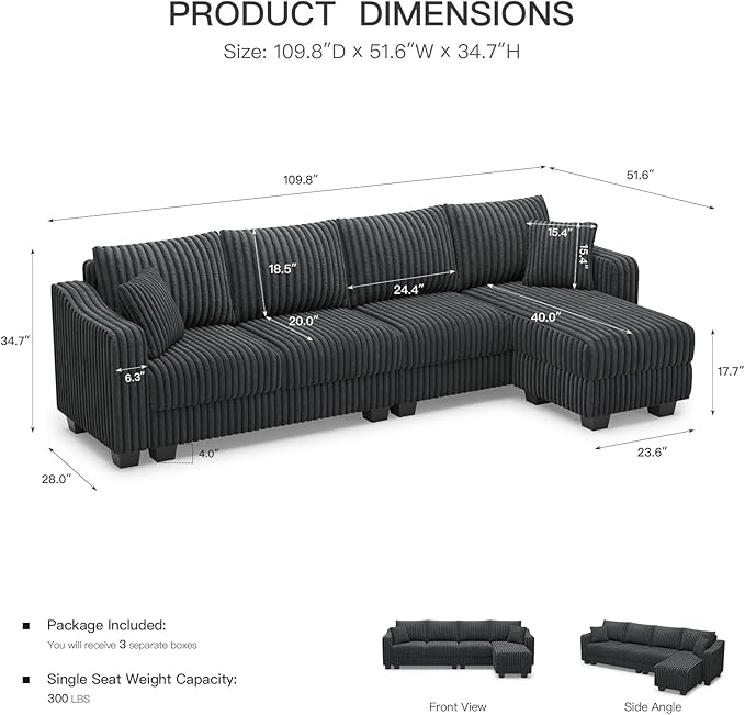 Belffin Sectional Couch with L-Shape Chaise L Shaped Couch with Ottoman