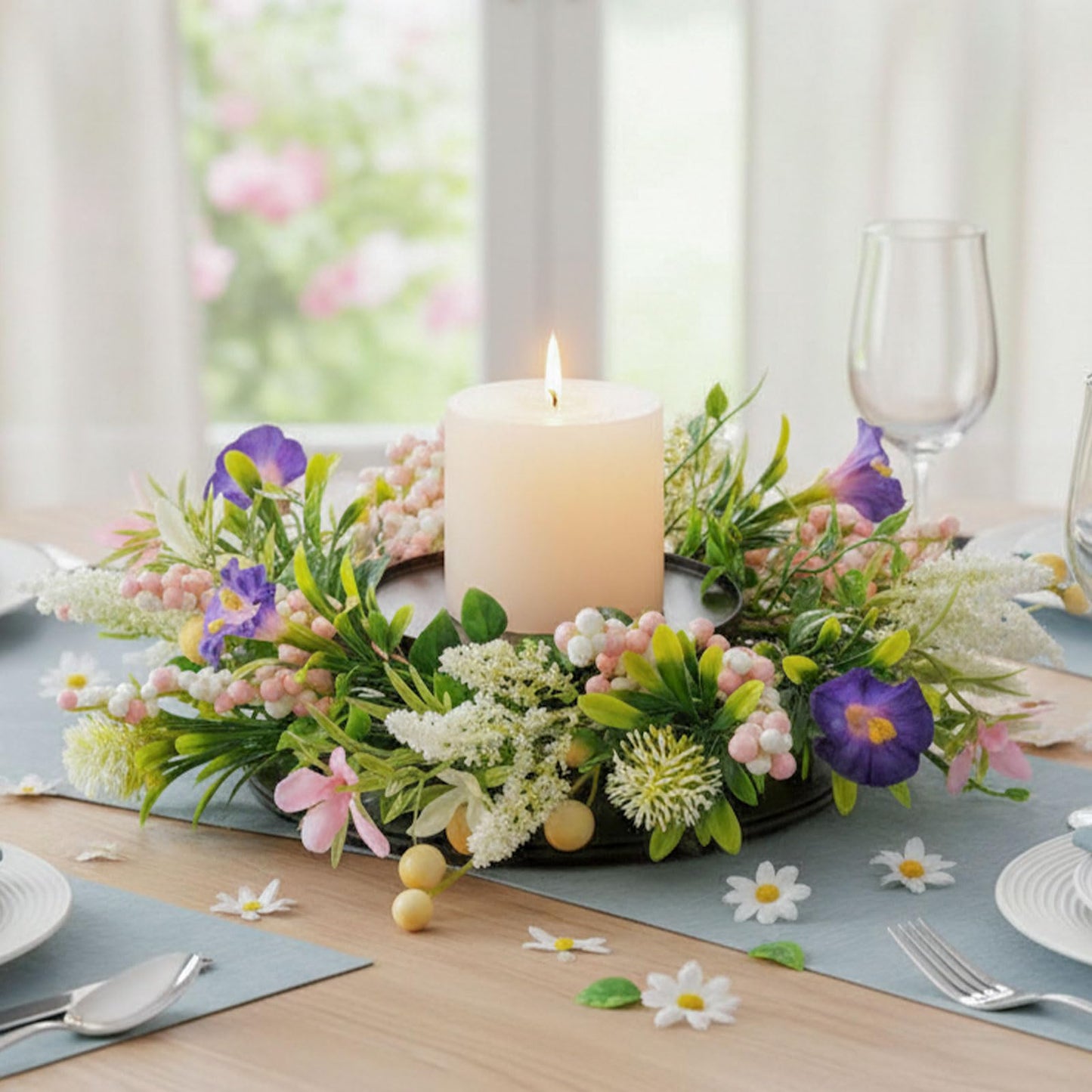 MOYEE Spring Candle Holder Centerpieces for Tables,Candle Ring, Black Metal Candlestick with an Artificial Wreath 14 in Versatile Dining Table Centrepiece (Purple Trumpet Flower Wreath)