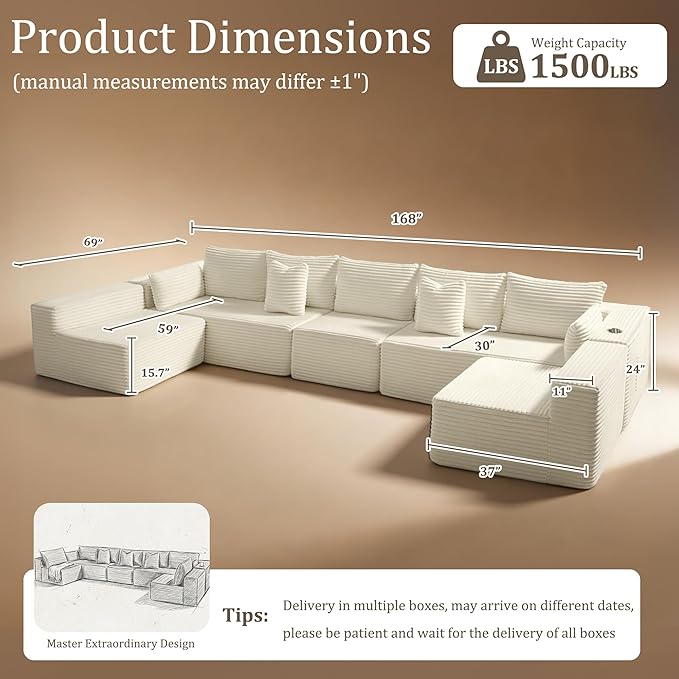168" Cloud Sectional Couch, Comfort U Shaped Sofa