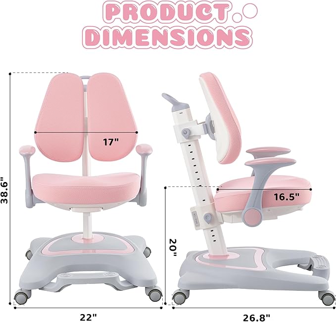 ERIYA Kids Desk Chair, Ergonomic Chair: Height-Adjustable, Double Back Support